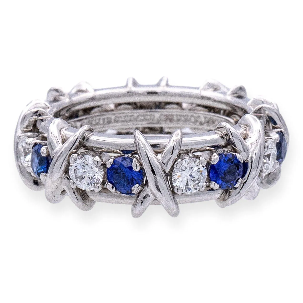 Tiffany & Co Platinum Schlumberger 16 Stone Sapphire Diamond X Ring Size 4