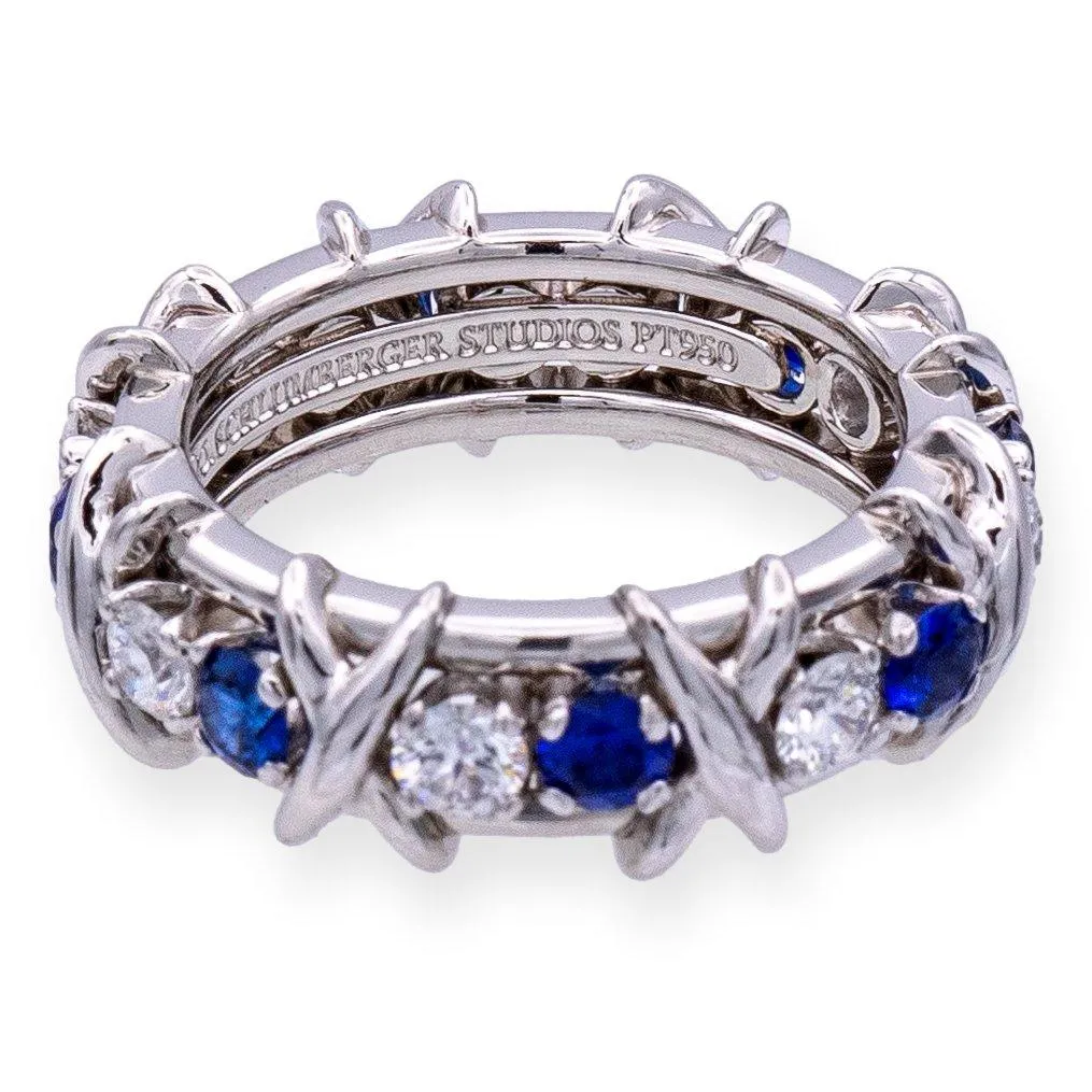 Tiffany & Co Platinum Schlumberger 16 Stone Sapphire Diamond X Ring Size 4
