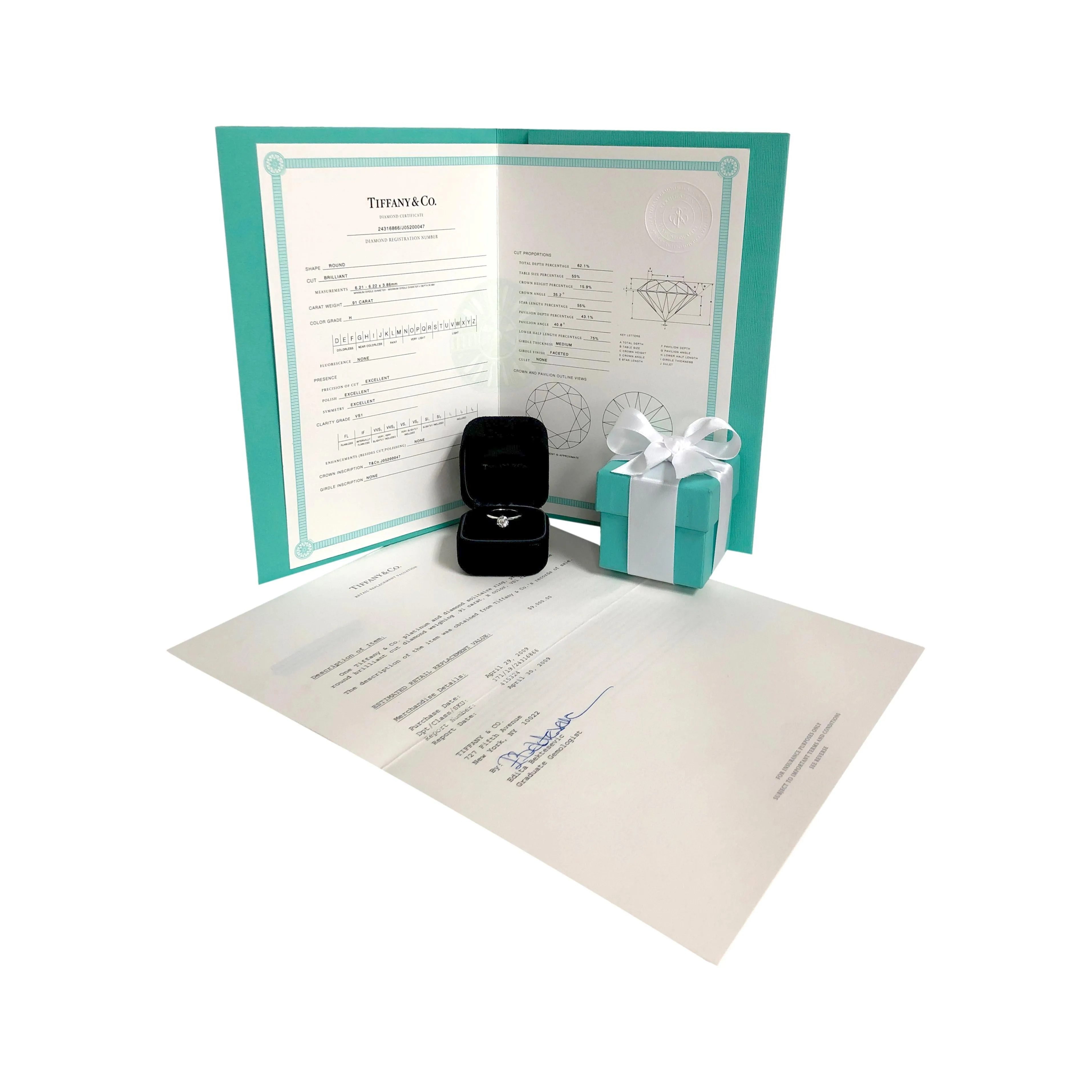 Tiffany & Co. Platinum Solitaire Round Diamond Engagement Ring .91ct H VS1