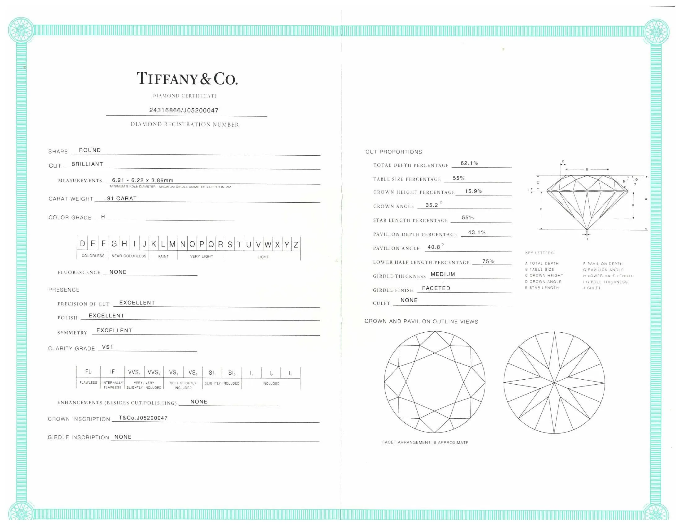 Tiffany & Co. Platinum Solitaire Round Diamond Engagement Ring .91ct H VS1