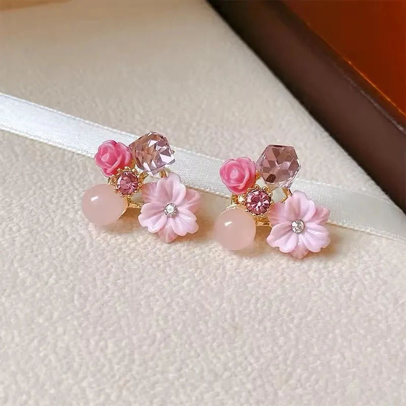 Trendy pink color opal crystal flower stud earrings