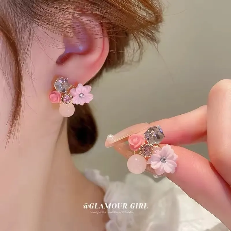 Trendy pink color opal crystal flower stud earrings