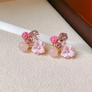 Trendy pink color opal crystal flower stud earrings