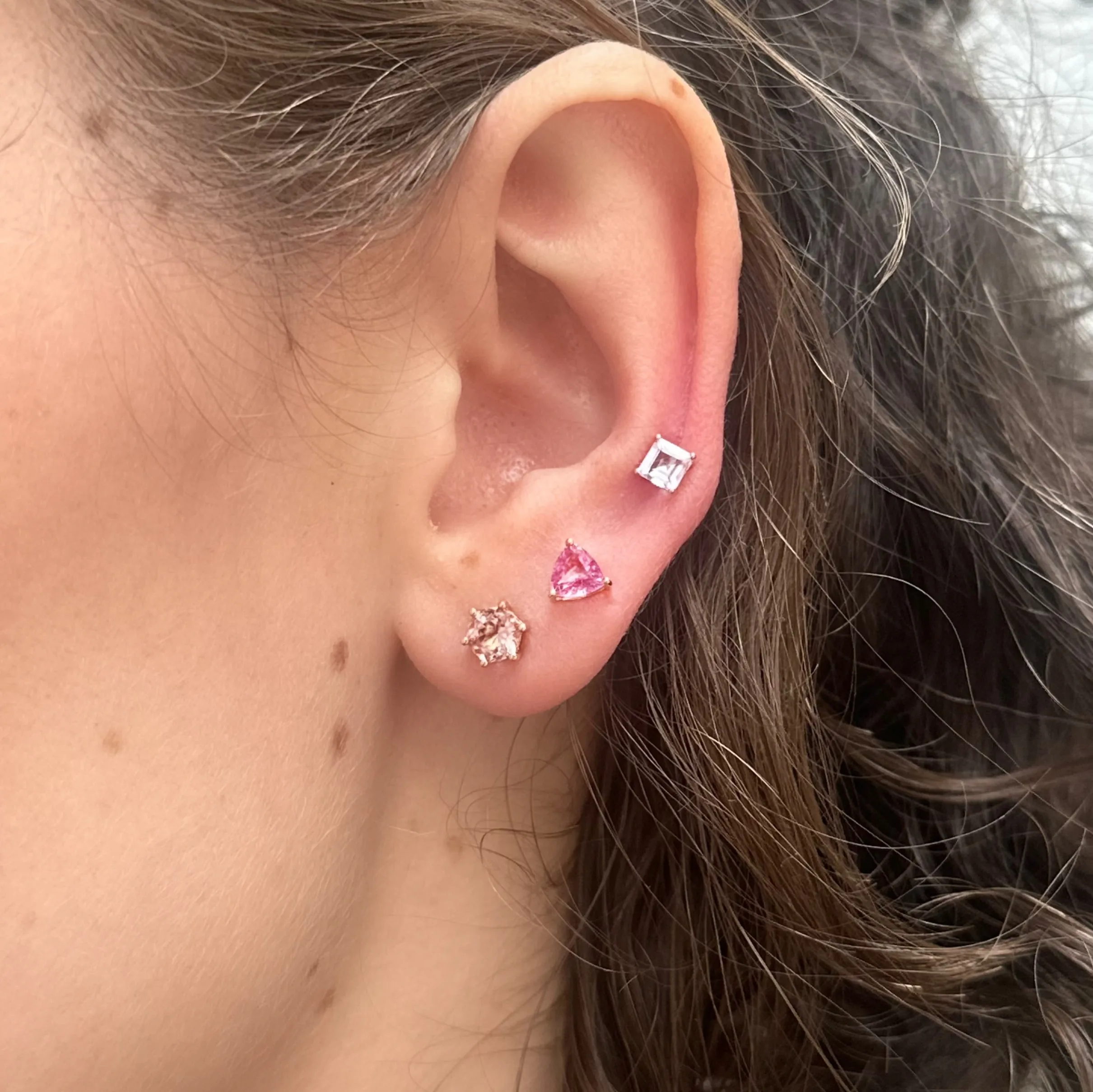Trillion Cut Pink Sapphire Sprinkle Stud Earrings