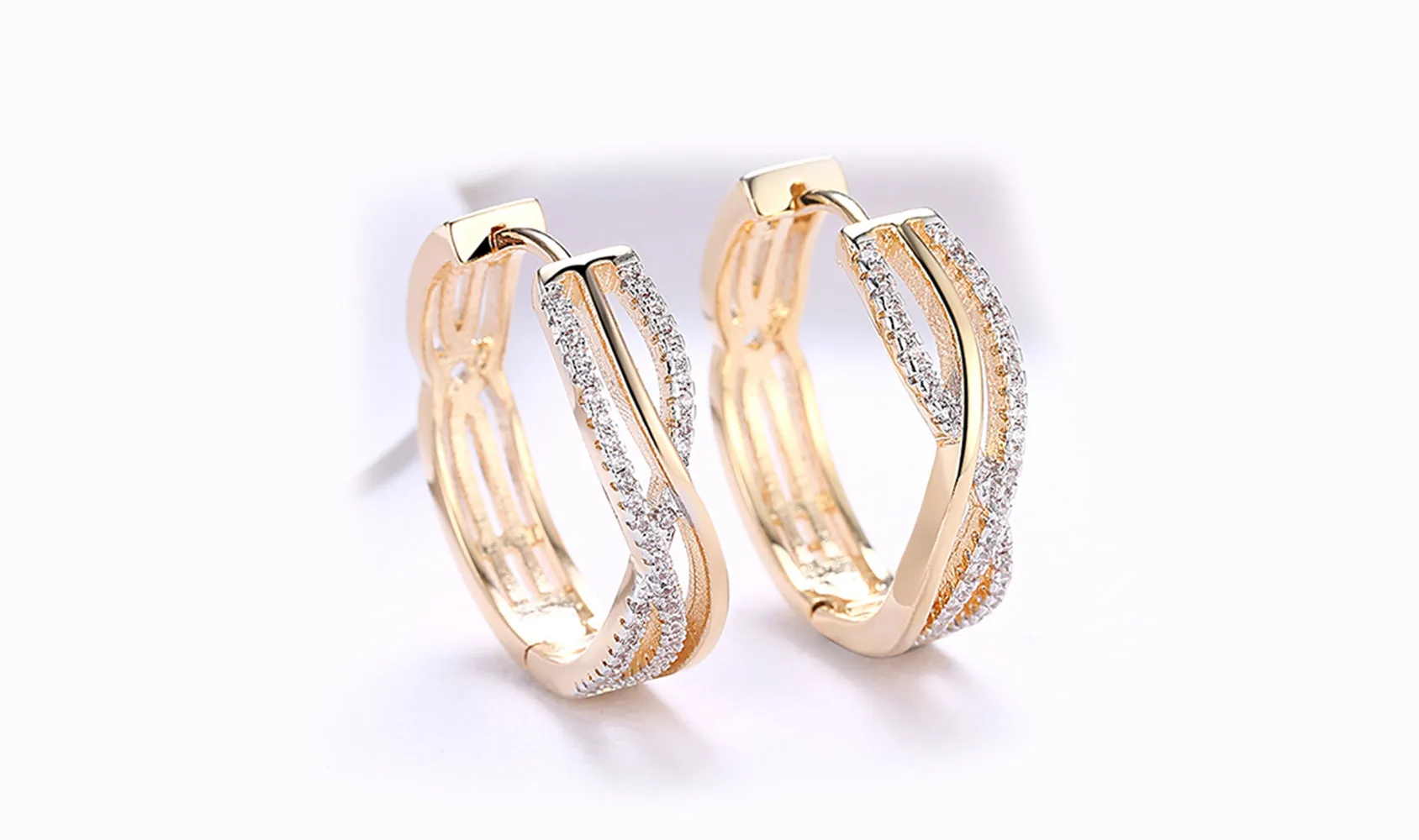 Twisted Abstract Clip-On Earrings with 14K Gold Plating and White Sapphire Stones