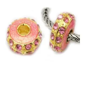 Two (2) Pink on Gold Tone Charm Beads for Snake Chain Charm Bracelet