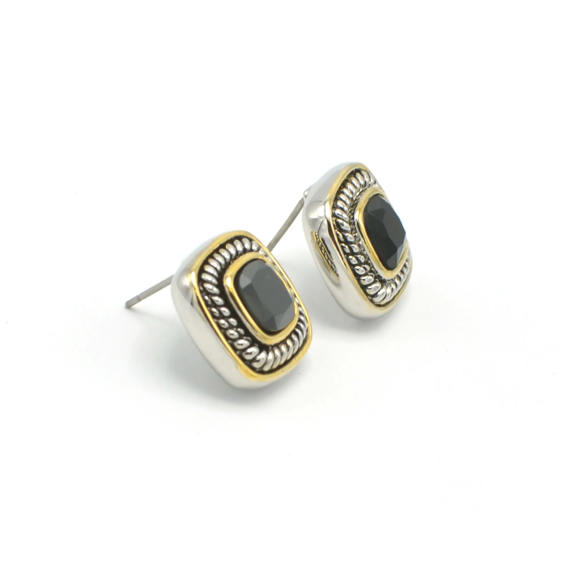 TWO TONE JET CRYSTAL SQUARE EARRINGS SET#73014ER-Jet (FF10)