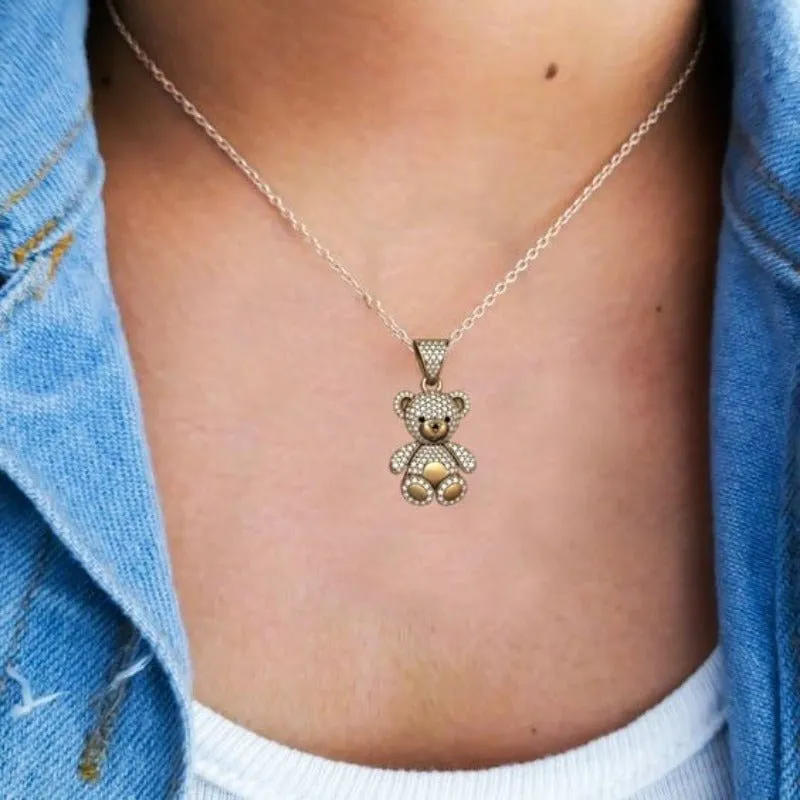 TwoTone Bear Pendant Necklace Girls Anniverssary Jewelry