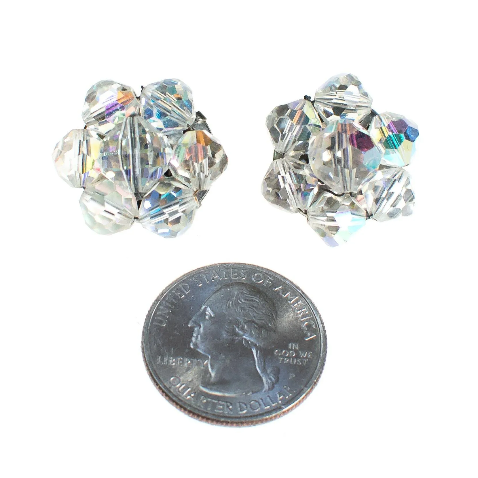 Vintage Aurora Borealis Rhinestone Cluster Clip On Earrings