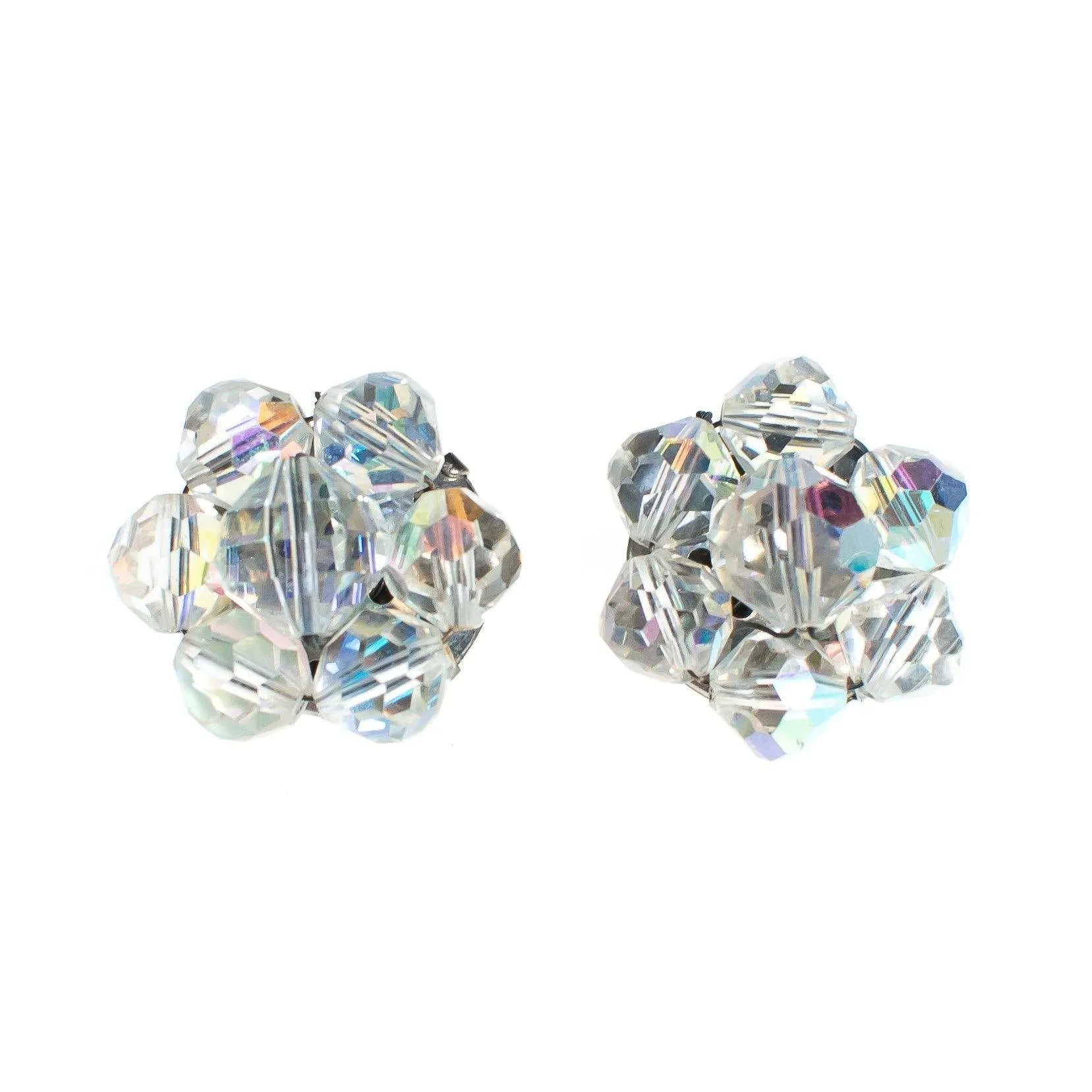 Vintage Aurora Borealis Rhinestone Cluster Clip On Earrings