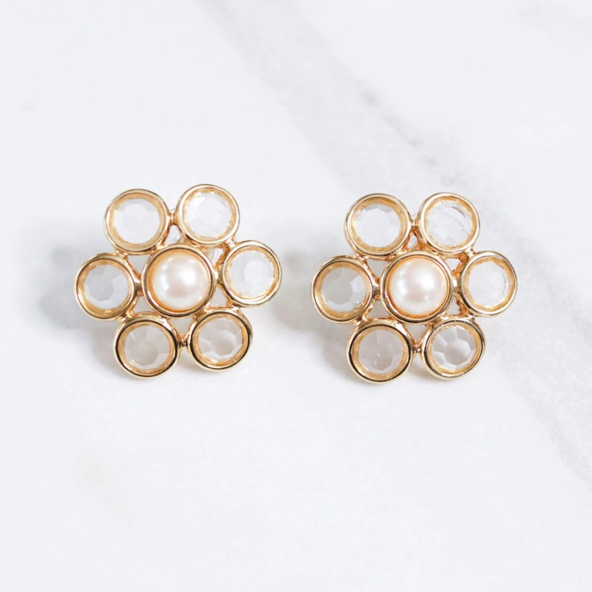 Vintage Monet Bezel Set Crystal and Faux Pearl Earrings