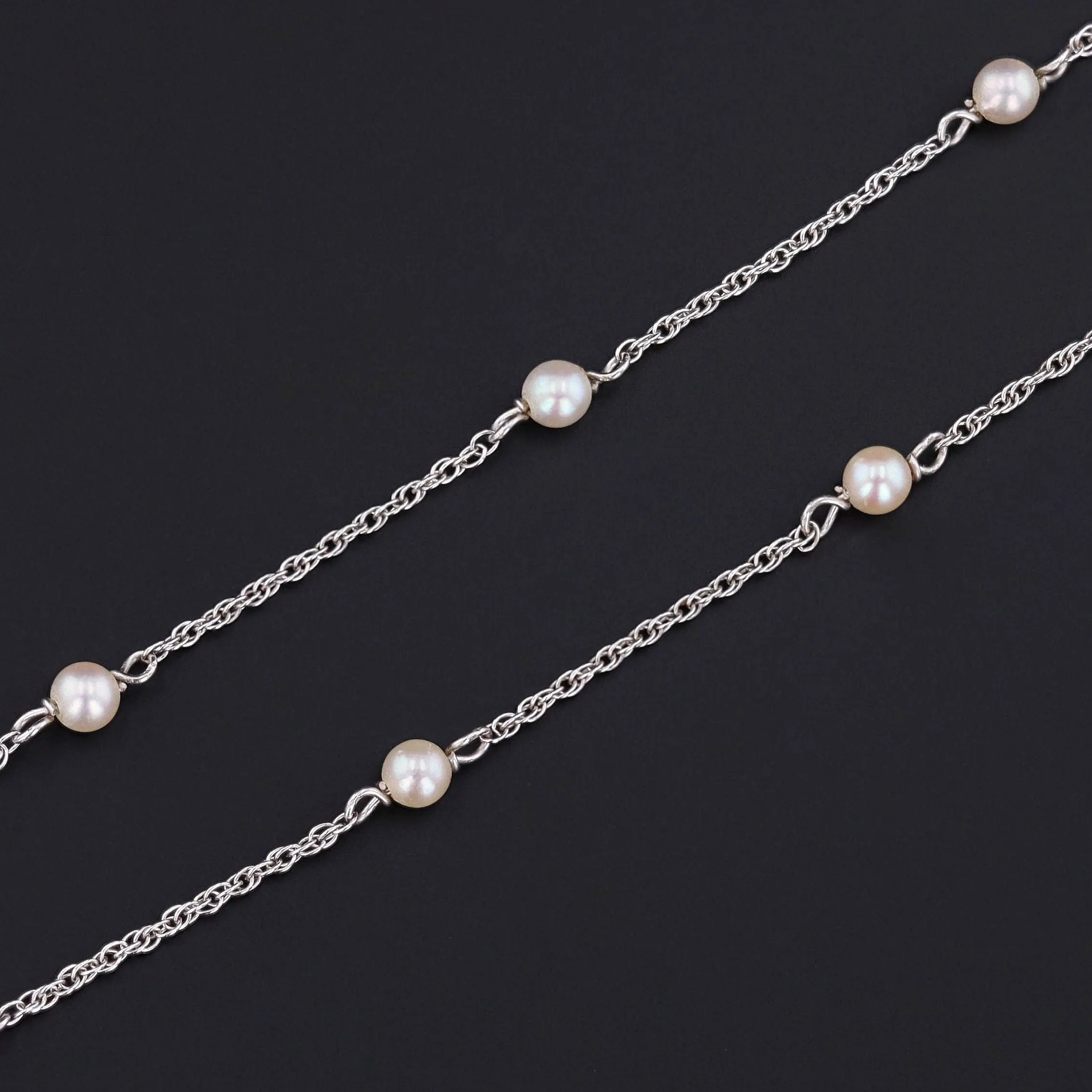 Vintage Pearl Chain Necklace of 14k White Gold