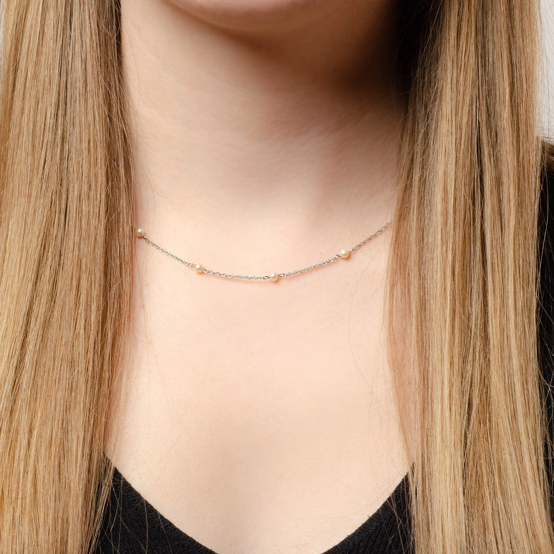 Vintage Pearl Chain Necklace of 14k White Gold
