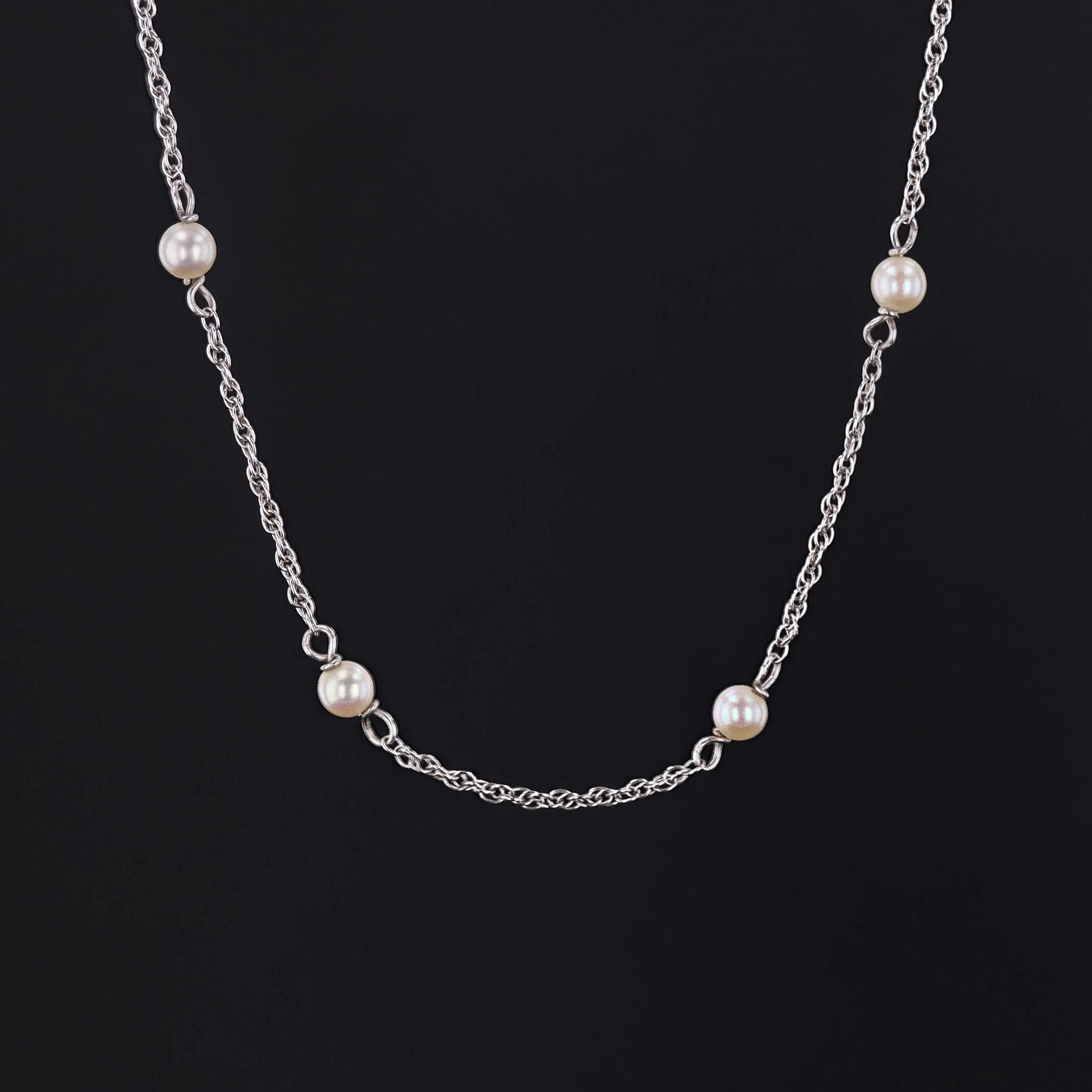 Vintage Pearl Chain Necklace of 14k White Gold