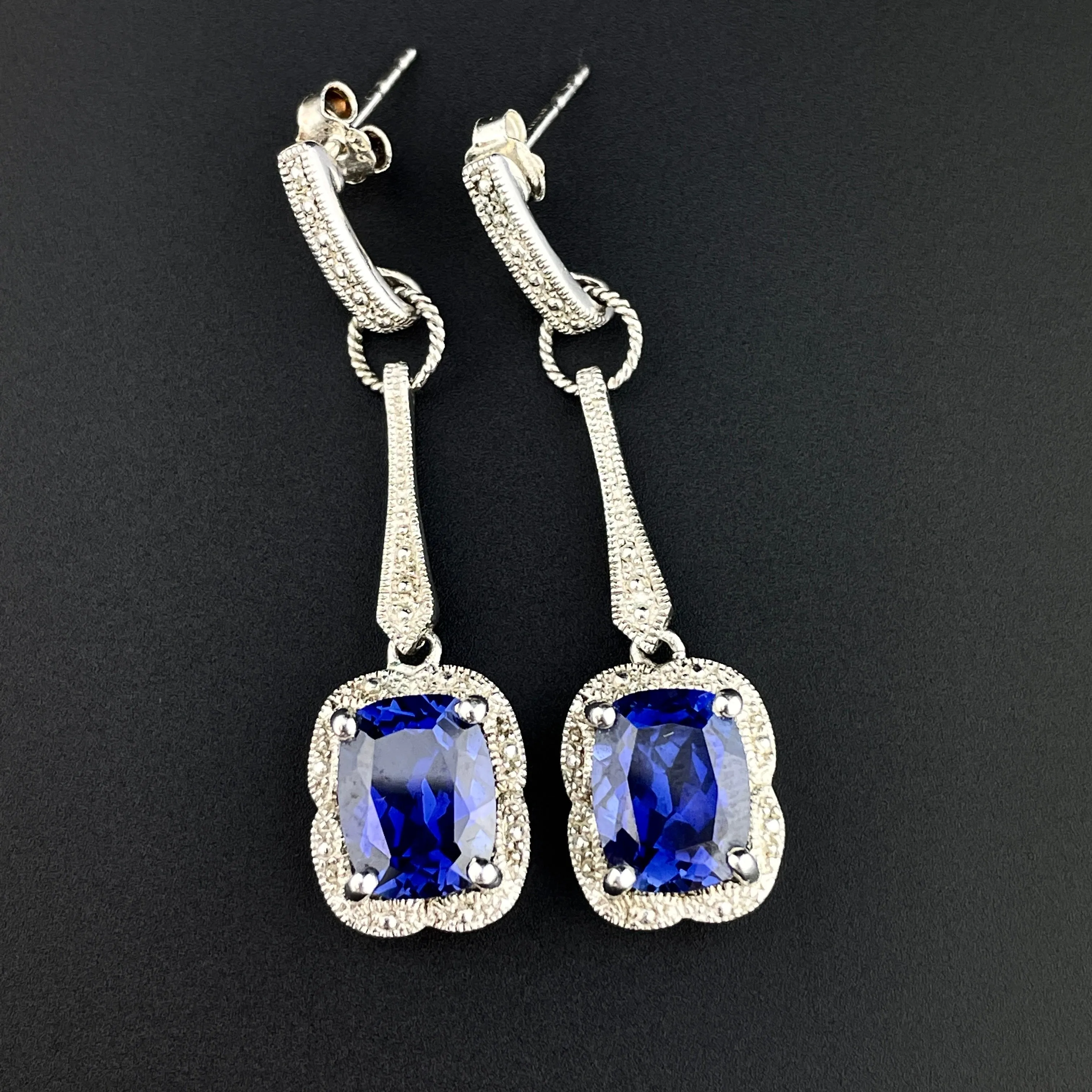 Vintage Silver Cushion Cut Sapphire Drop Earrings