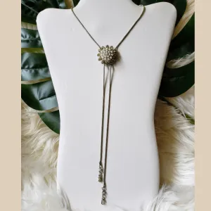 Vintage - Silver Rhinestone and Pearl Bolo Necklace