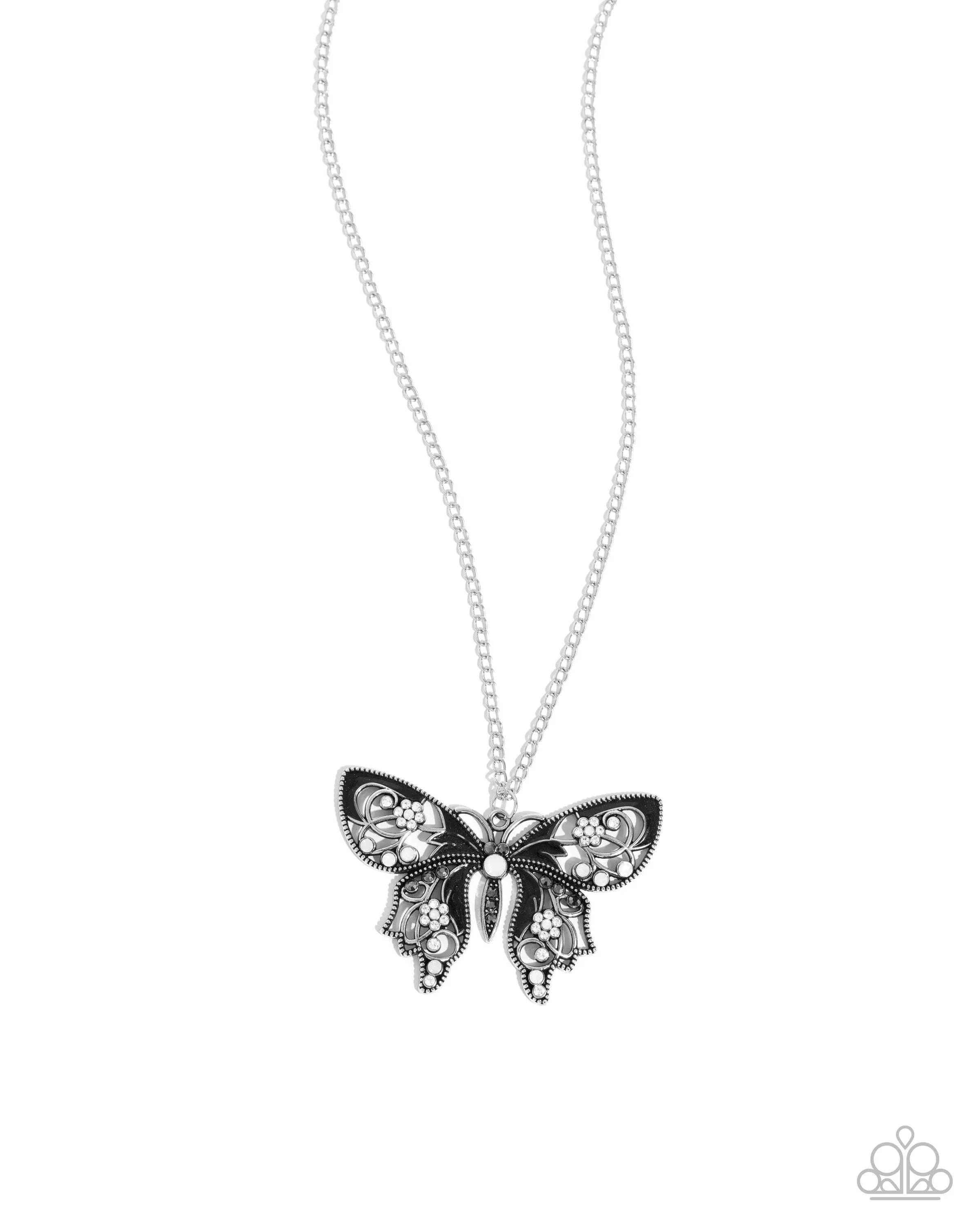 Whimsical Weekday - Black - Painted with White, Hematite, and Opalescent Rhinestone Butterfly Paparazzi Short Necklace