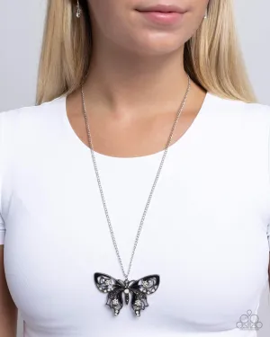 Whimsical Weekday - Black - Painted with White, Hematite, and Opalescent Rhinestone Butterfly Paparazzi Short Necklace