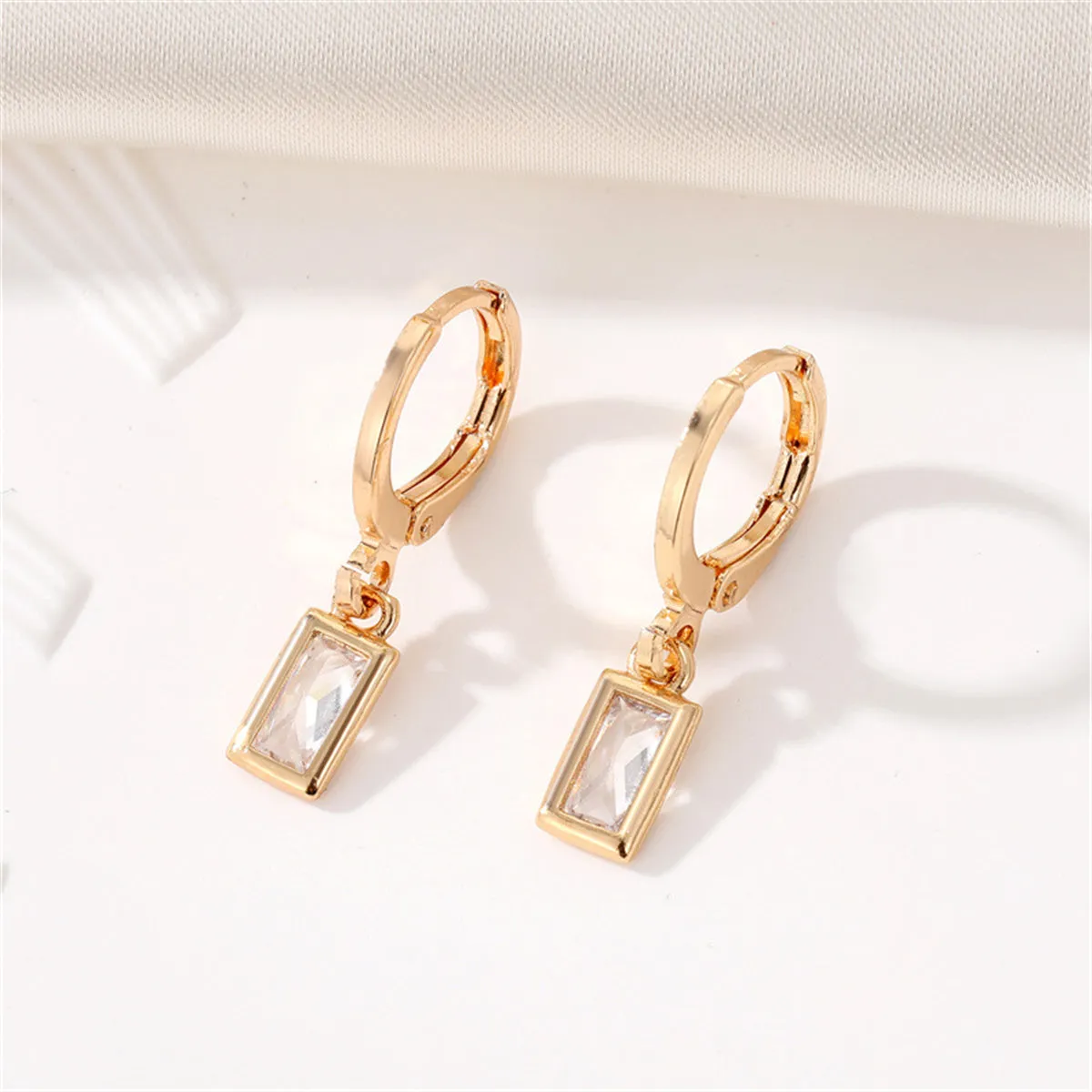 White Crystal & 18K Gold-Plated Rectangle Huggie Earrings