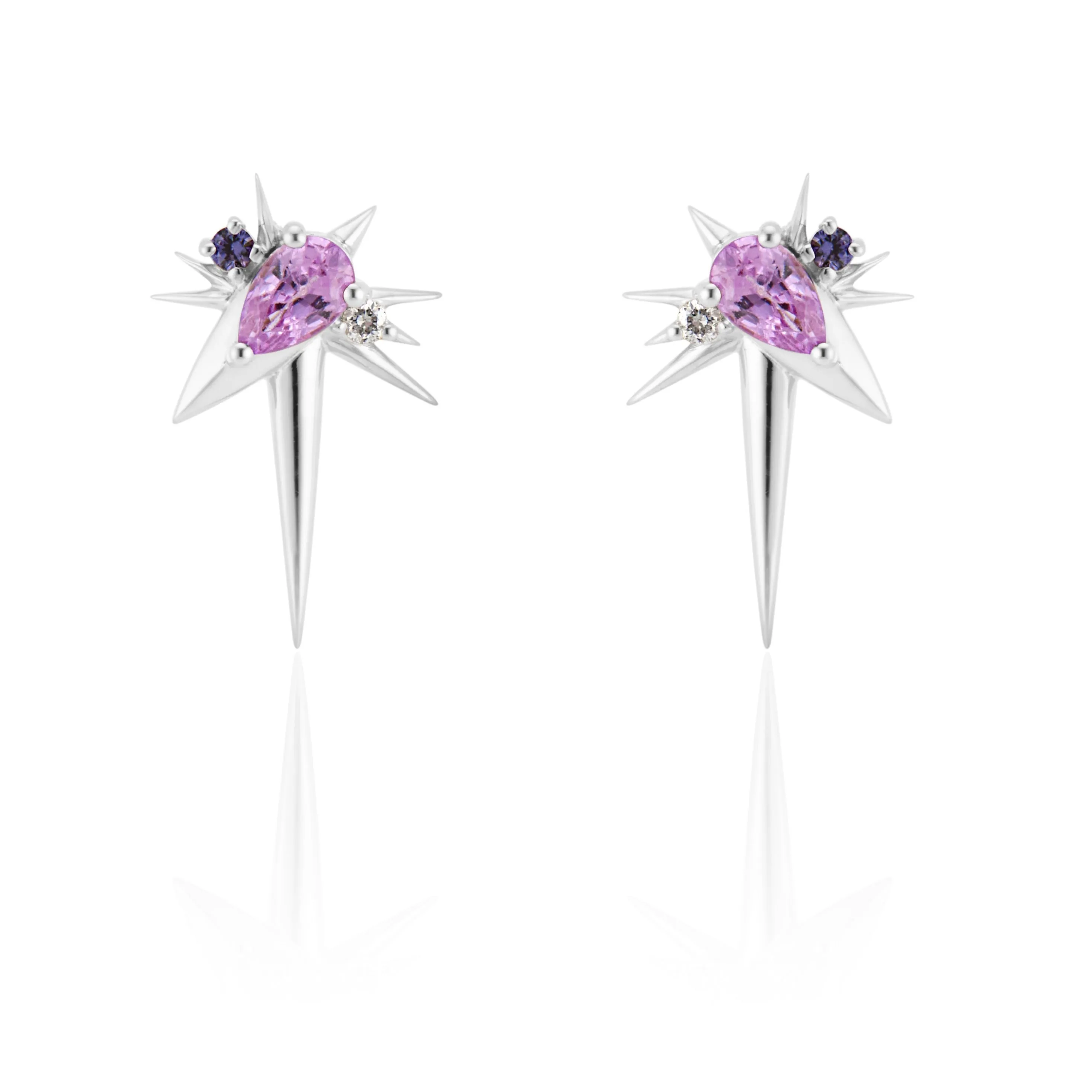 White Gold - Pink Sapphire & Diamond Drop Earrings - Spike Earrings
