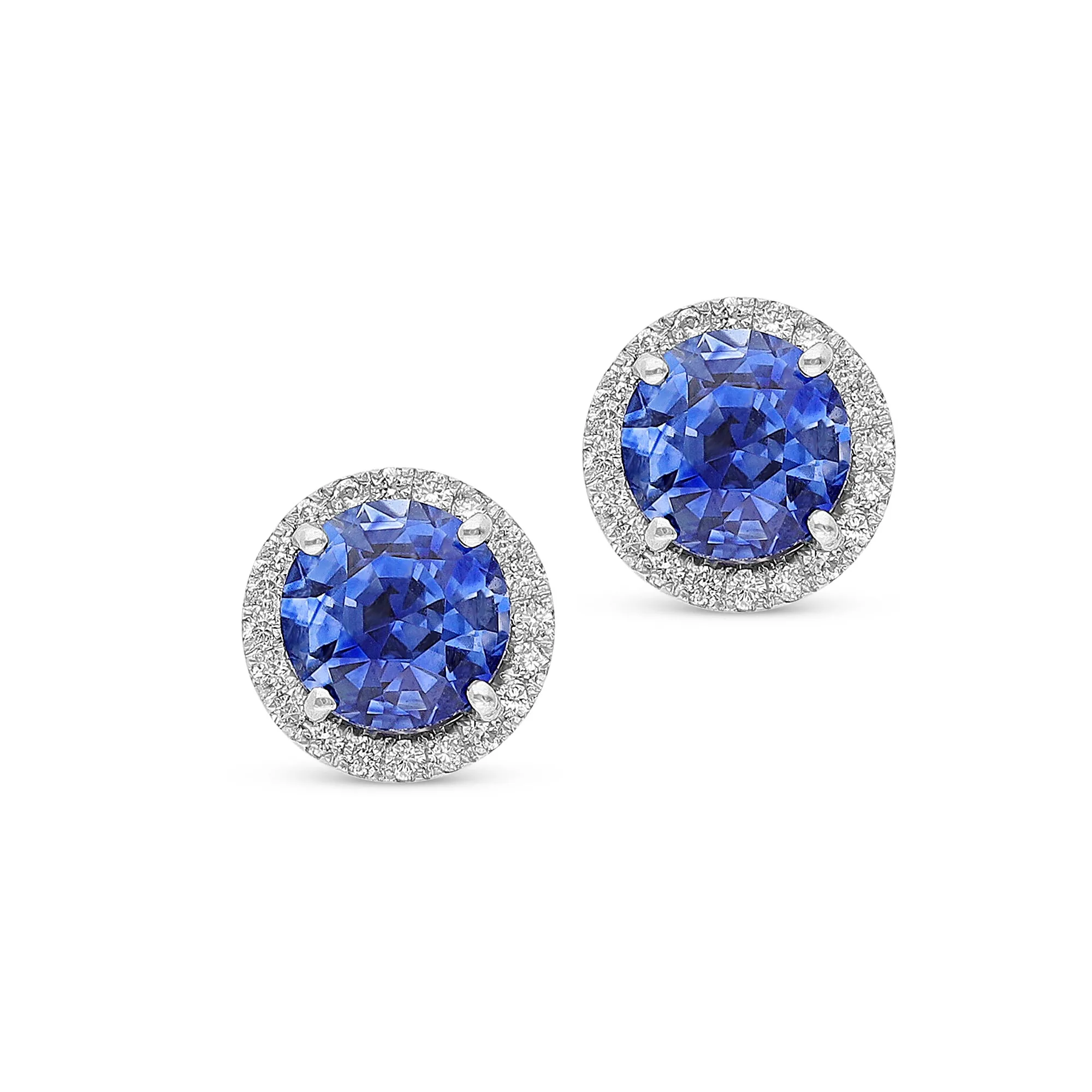 White Gold Round Blue Sapphire and Diamond Halo Studs - 2.6 Carat