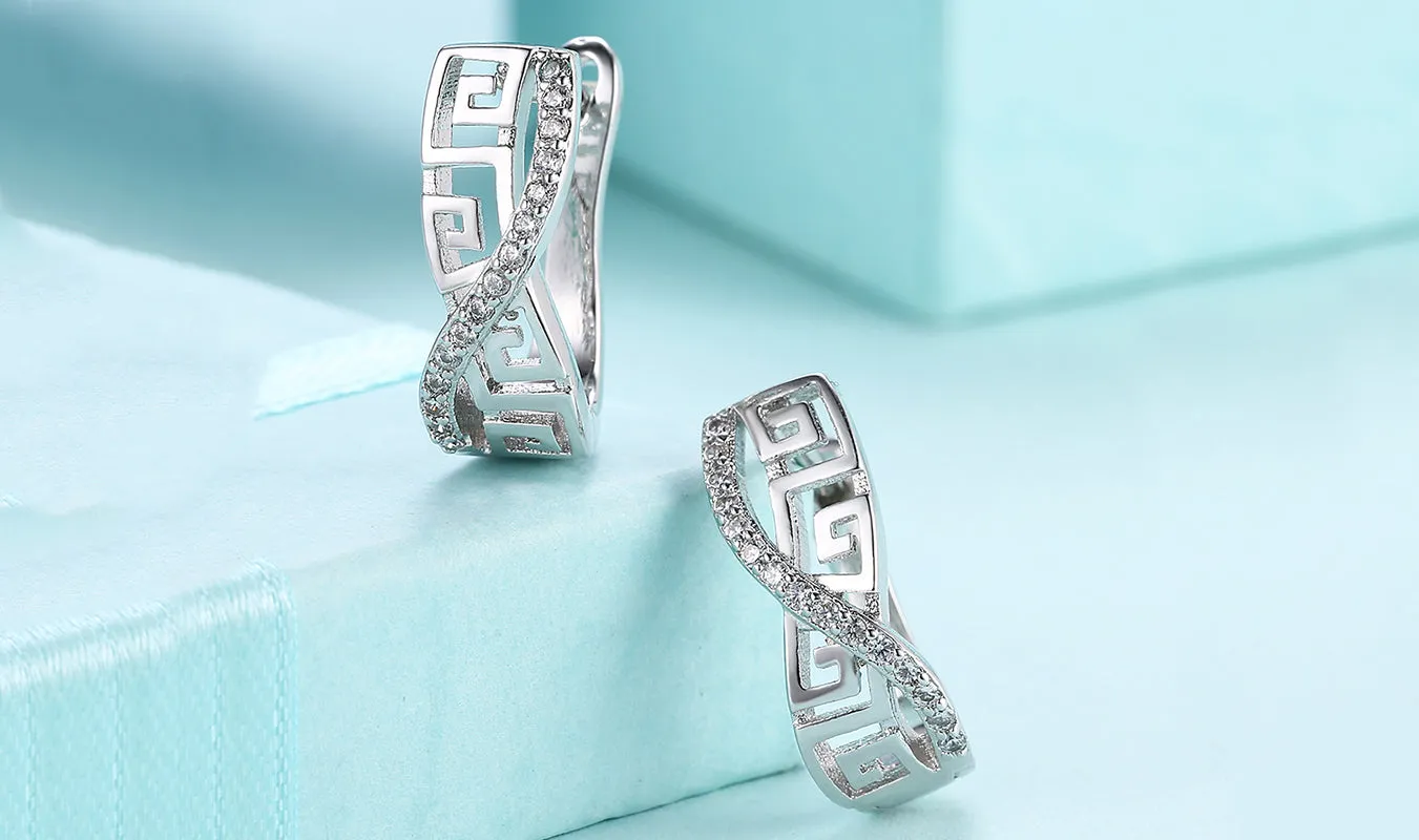 White Sapphire Greek Key Design Earrings - 14K White Gold Plated, AAAAA Quality Stones, Curved Hinged Style
