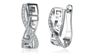 White Sapphire Greek Key Design Earrings - 14K White Gold Plated, AAAAA Quality Stones, Curved Hinged Style