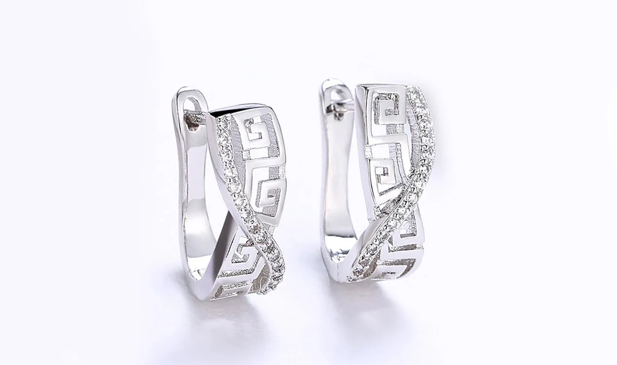 White Sapphire Greek Key Design Earrings - 14K White Gold Plated, AAAAA Quality Stones, Curved Hinged Style