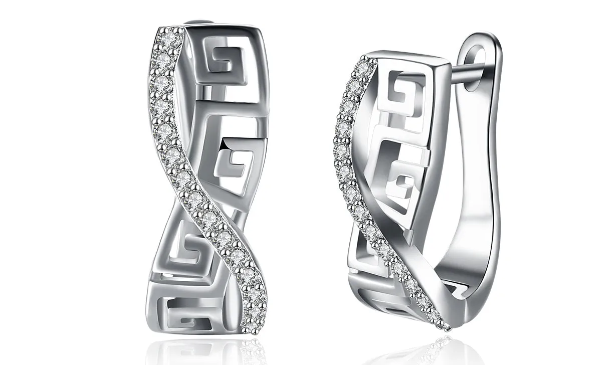 White Sapphire Greek Key Design Earrings - 14K White Gold Plated, AAAAA Quality Stones, Curved Hinged Style