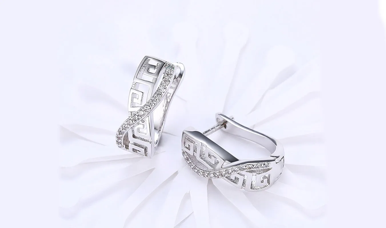 White Sapphire Greek Key Design Earrings - 14K White Gold Plated, AAAAA Quality Stones, Curved Hinged Style