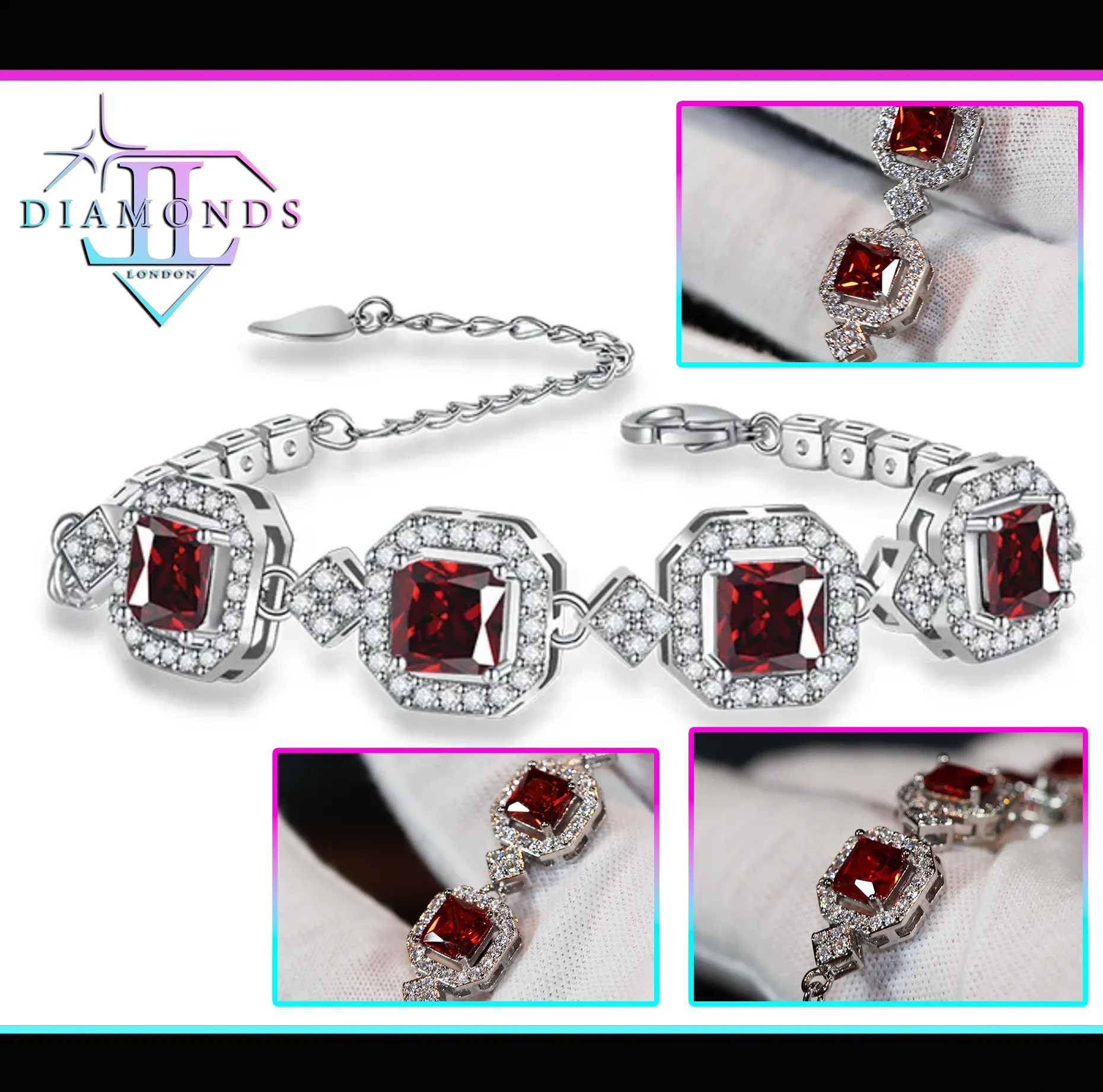 Womens Bracelet | Diamond Bracelet | Womens Red Diamond Bracelet | Red Gemstone Bracelet