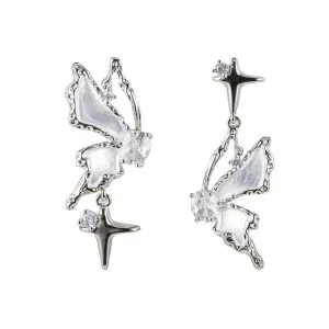 Y2K Asymmetrical Earrings with Crystal Butterflies and Silver Stars