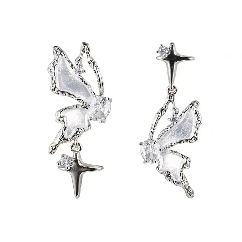 Y2K Asymmetrical Earrings with Crystal Butterflies and Silver Stars