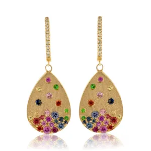 Yellow Gold Satin Finish Flush Set Rainbow Sapphire Earrings